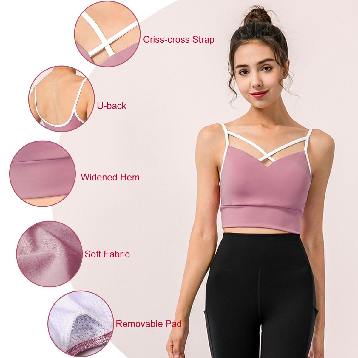 Women Sports Bra Spaghetti Criss-cross Straps Removable Padded U Back Athletic Workout Yoga Crop Tops