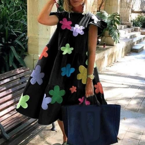 Vestidos Women O Neck Short Sleeve Floral Print Robe Femme Large Hem Print Design A Line Dresses For Women 2021 Vestido Midi