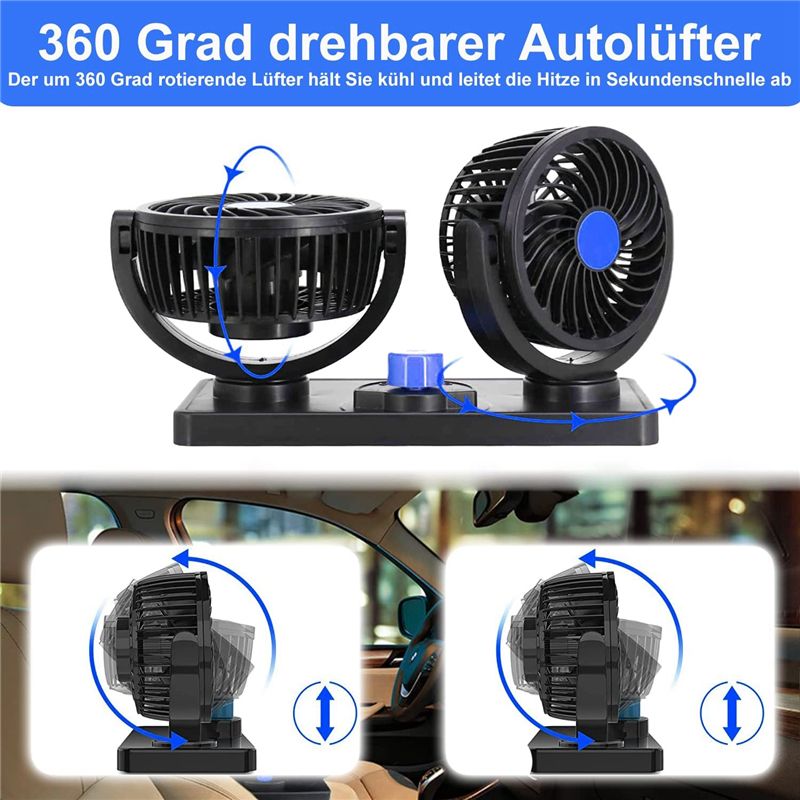 Double Head Car Fan 360 Degree Rotation with 2 Speeds