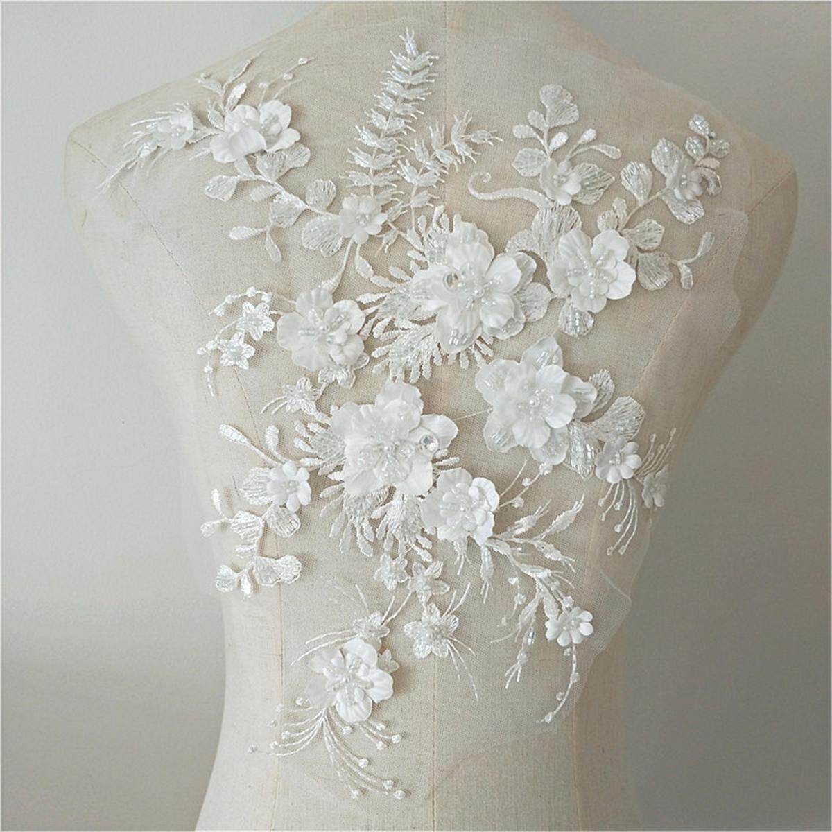 1x Wedding Dress Lace Fabric 3D Flowers Pearl Beaded Lace Applique DIY Craft Benbai