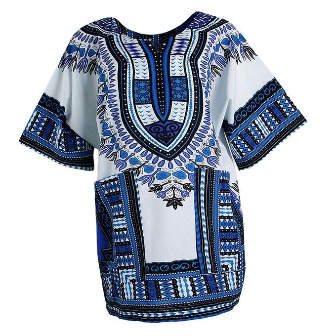 Short Sleeve Dashiki African Embroidery Print Hippie Top Kaftan Blue