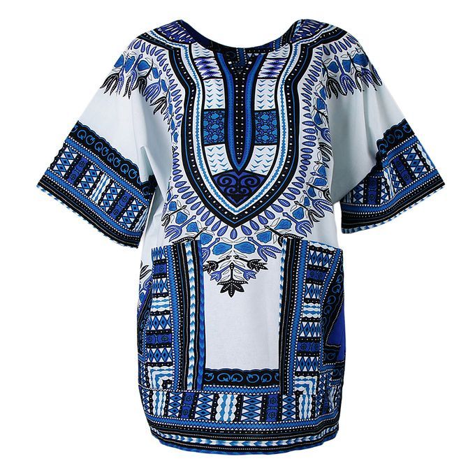 Short Sleeve Dashiki African Embroidery Print Hippie Top Kaftan Blue
