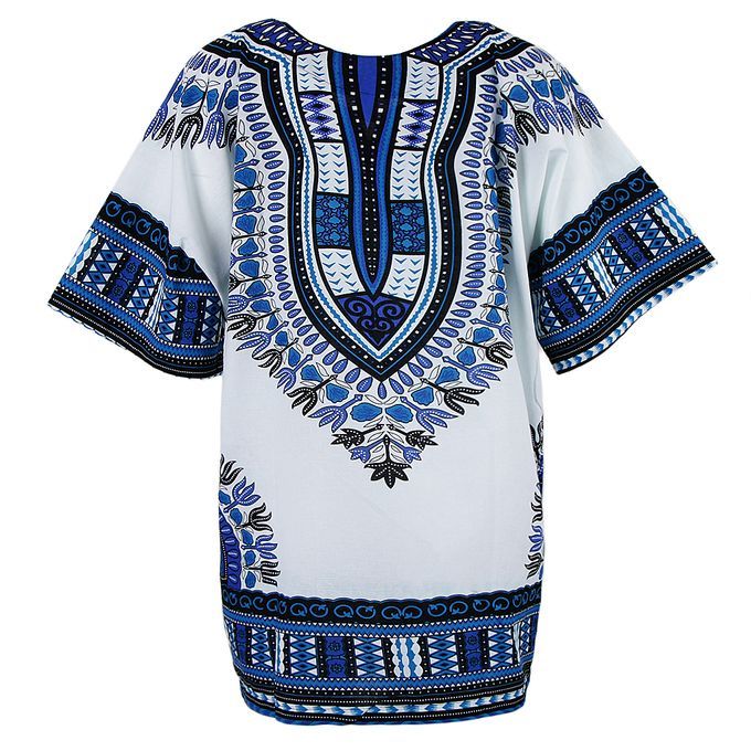 Short Sleeve Dashiki African Embroidery Print Hippie Top Kaftan Blue