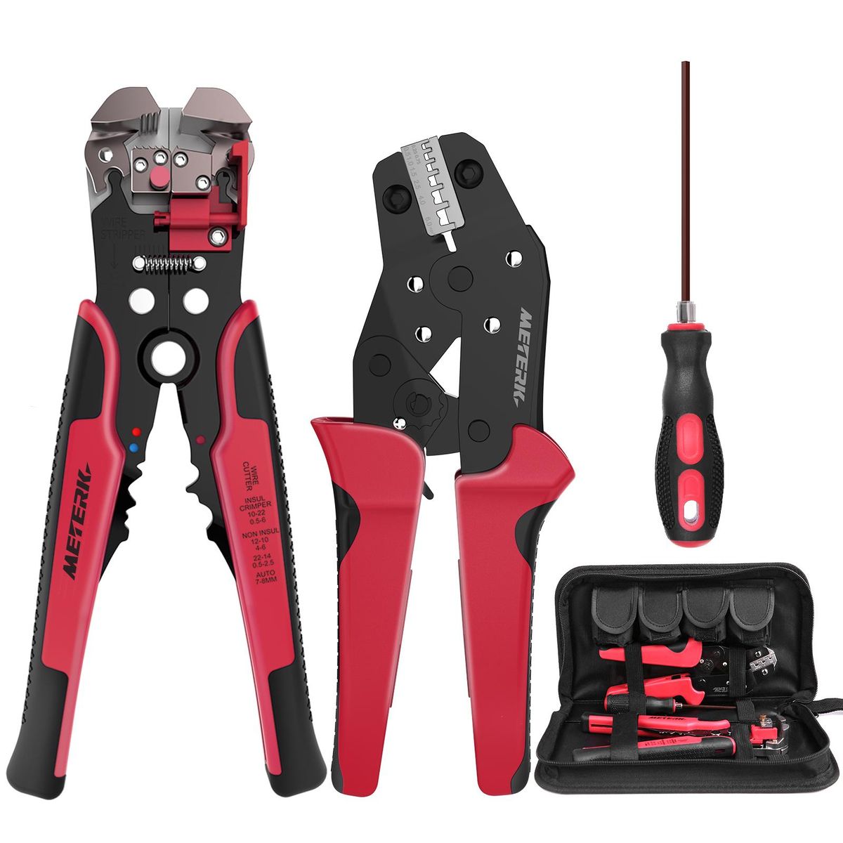 METERK Professional 4 In 1 Wire Crimpers Engineering Ratcheting Terminal Crimping Pliers Bootlace Ferrule Crimper Tool Cord End Terminals With Wire Stripper Red and Black