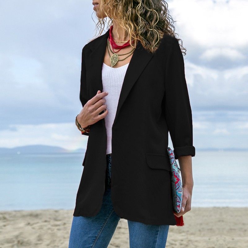 Women Solid Blazer Notched Lapel Collar Open Front Long
