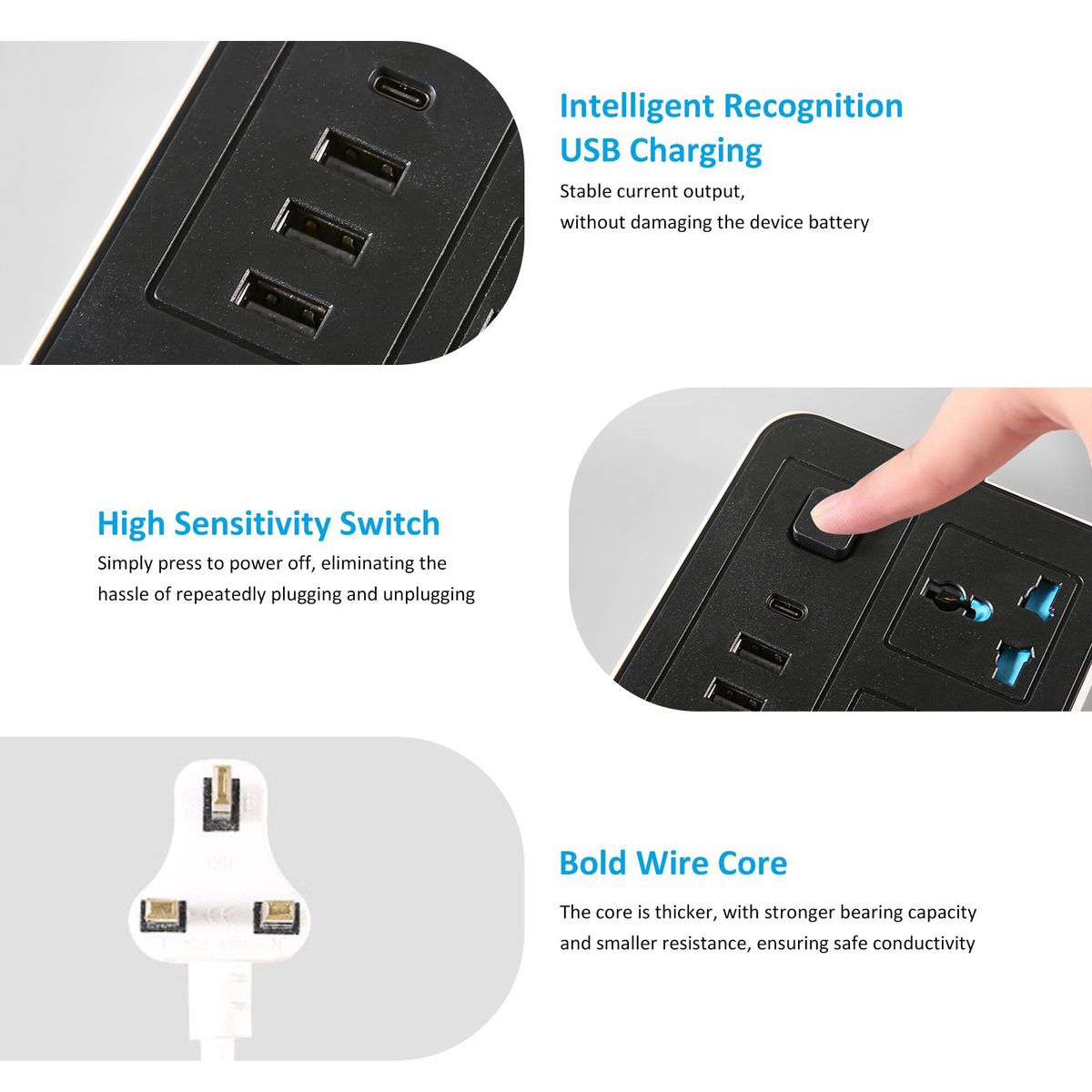 Smart Power Strip with 6 Surge Protection Outlets, 3 USB Ports and 1 Type-C Port Multi-port Smart Plugs Multifunctional Switch Socket