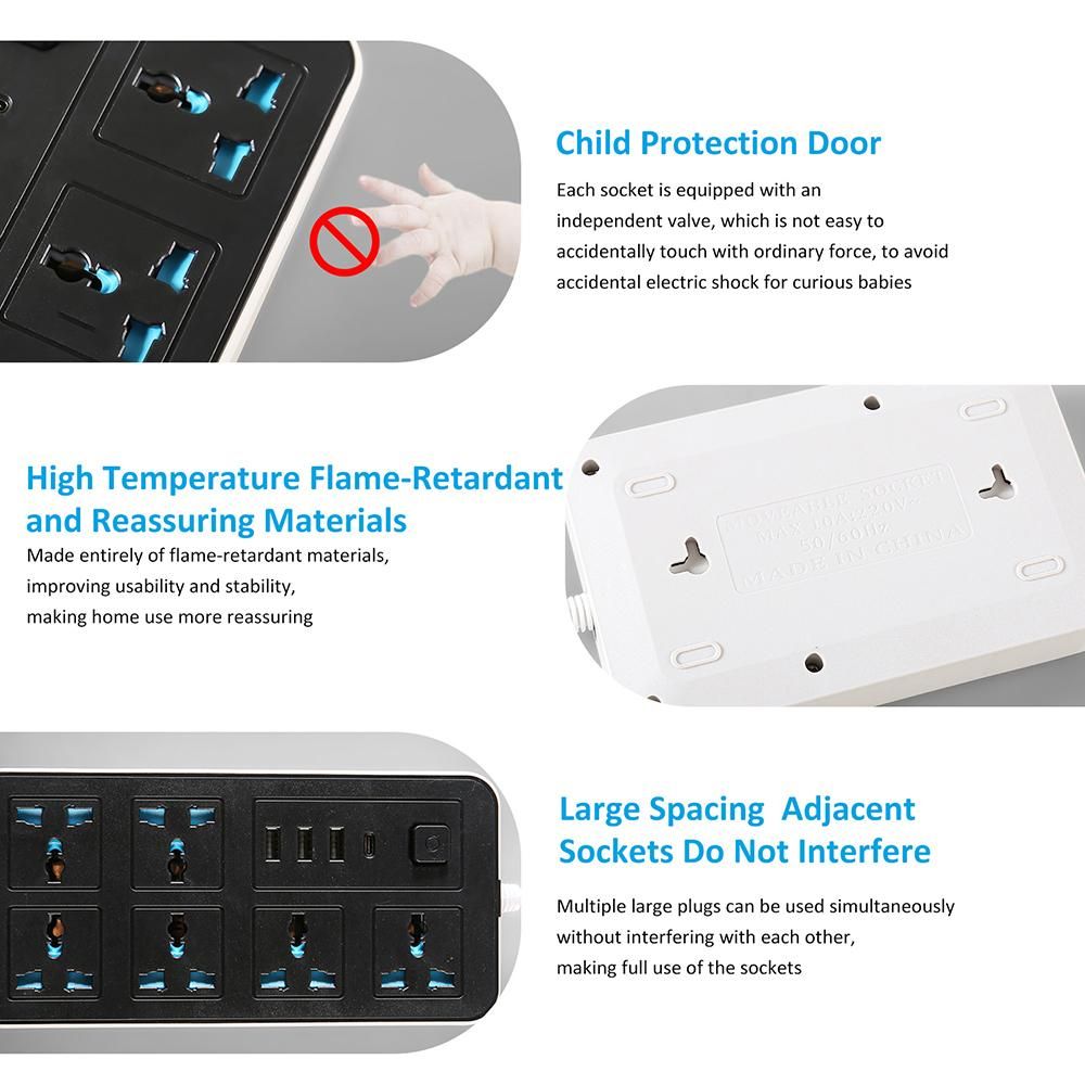 Smart Power Strip with 6 Surge Protection Outlets, 3 USB Ports and 1 Type-C Port Multi-port Smart Plugs Multifunctional Switch Socket