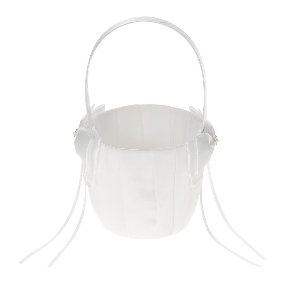 Ivory White Satin Wedding Flower Girl Basket With Bowknot