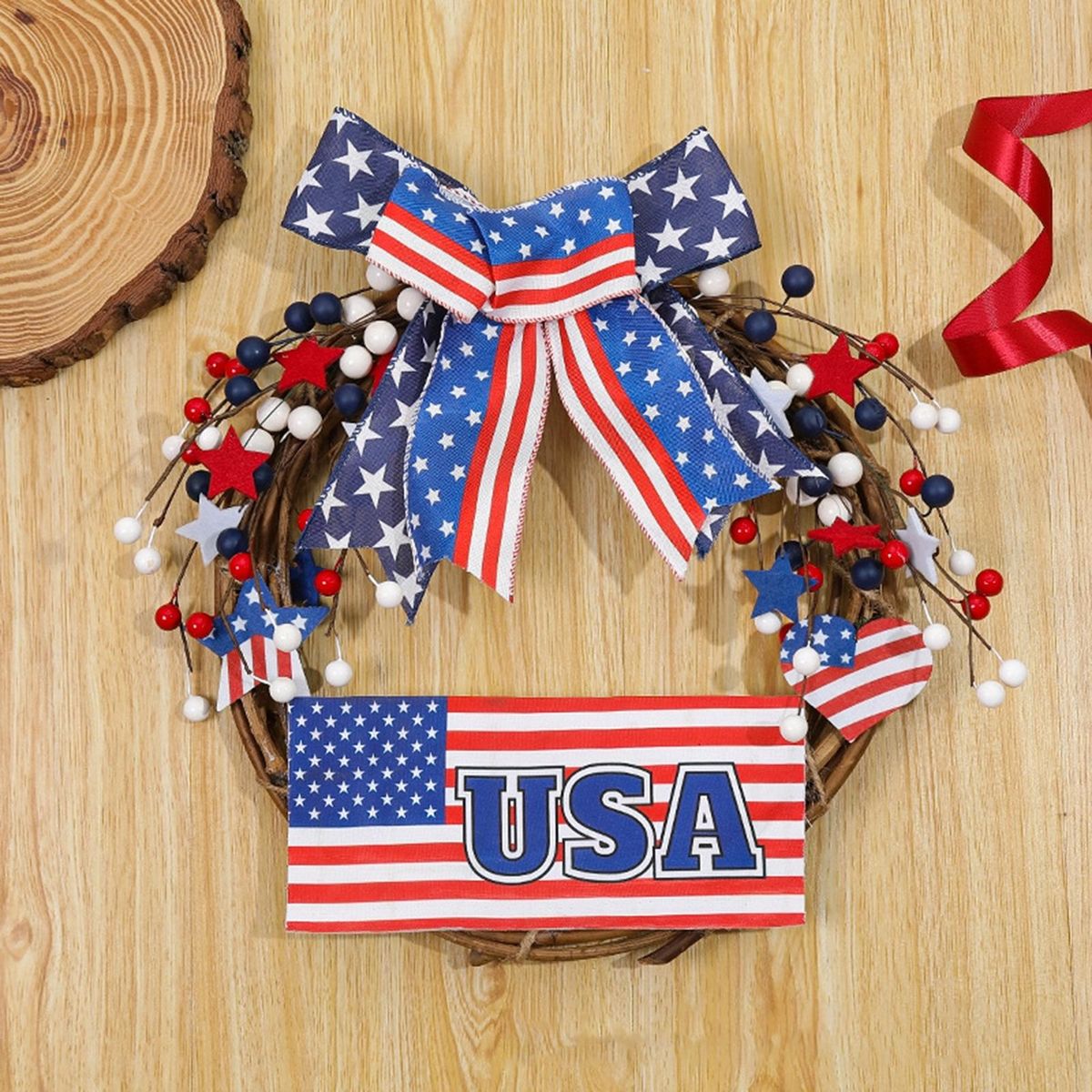 Door Hanging Wreath Independence Day Bow Rattan Loop Door Hanging Blue and Red