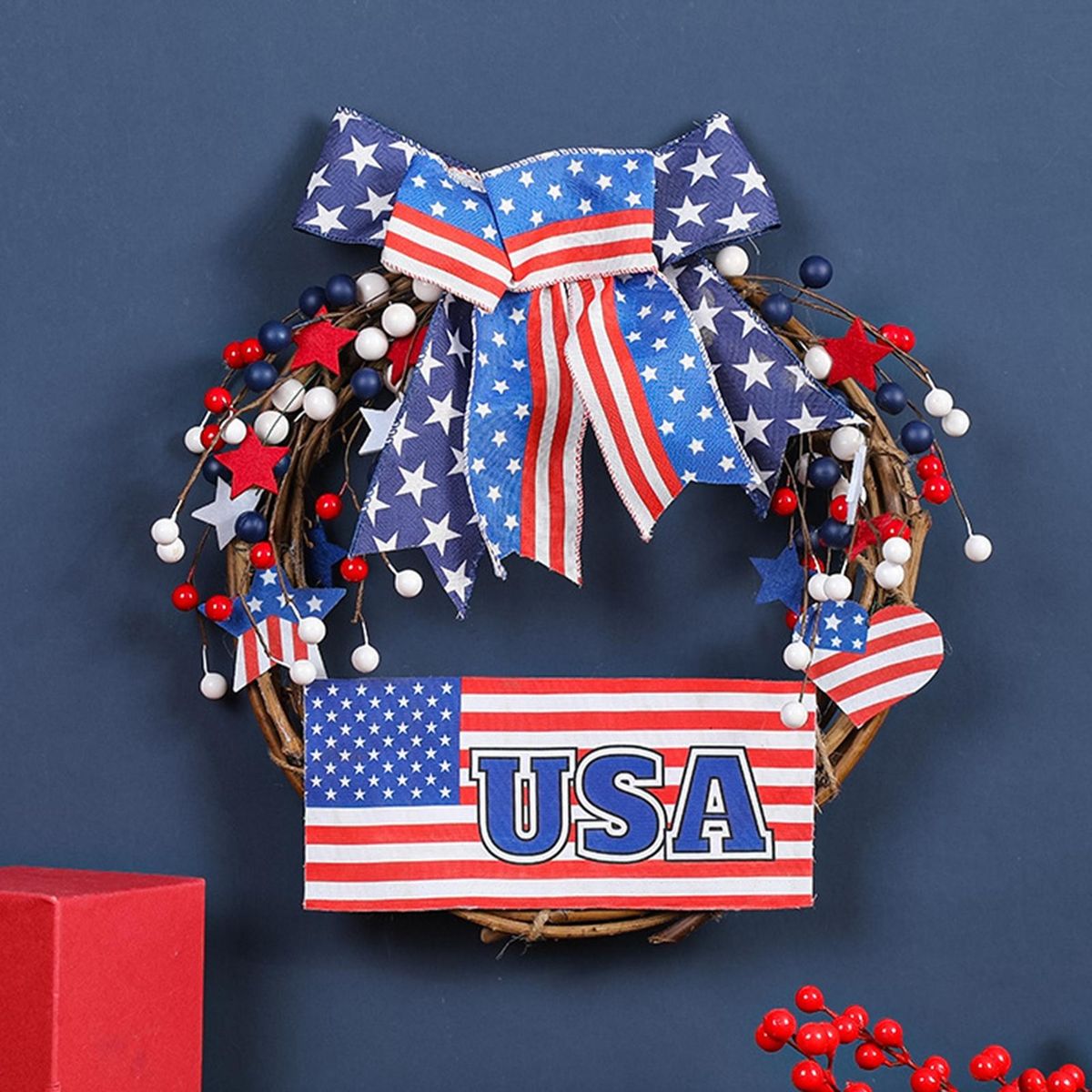 Door Hanging Wreath Independence Day Bow Rattan Loop Door Hanging Blue and Red
