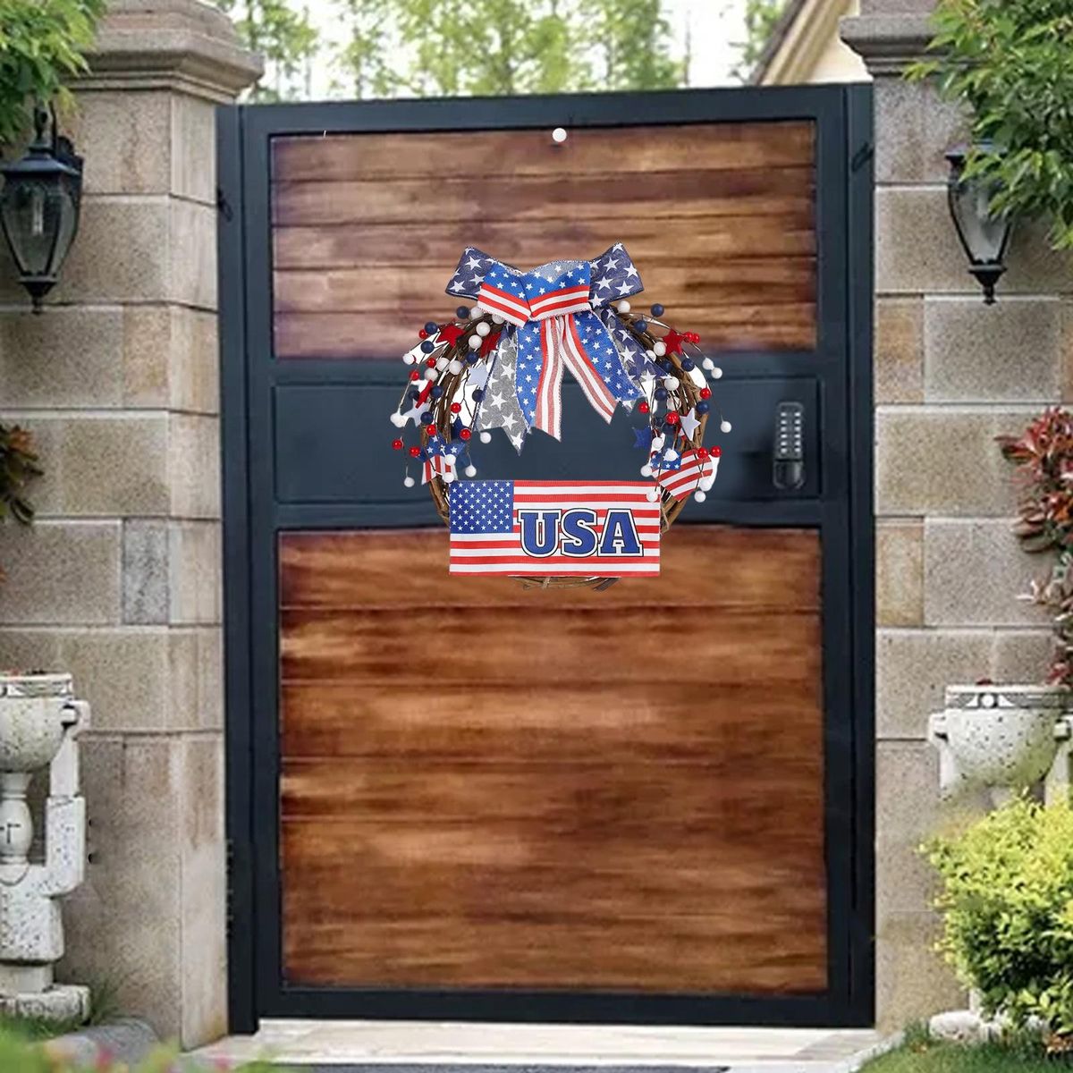 Door Hanging Wreath Independence Day Bow Rattan Loop Door Hanging Blue and Red