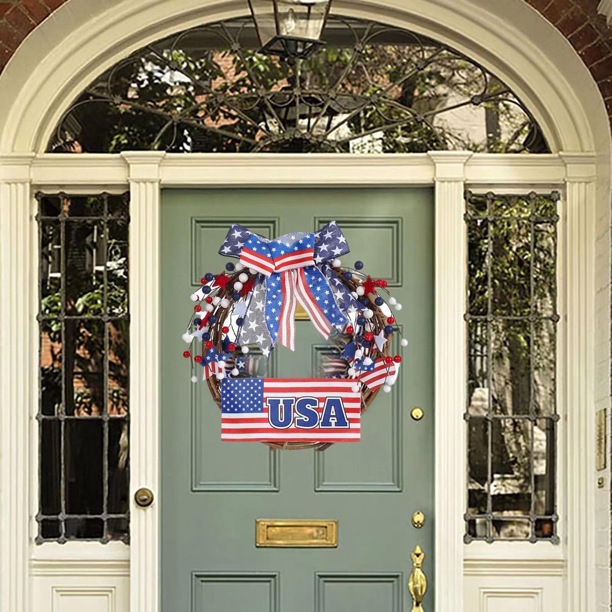 Door Hanging Wreath Independence Day Bow Rattan Loop Door Hanging Blue and Red