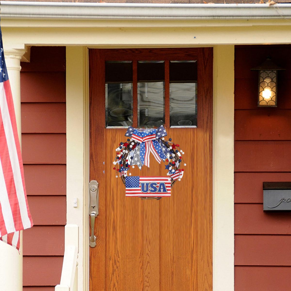 Door Hanging Wreath Independence Day Bow Rattan Loop Door Hanging Blue and Red