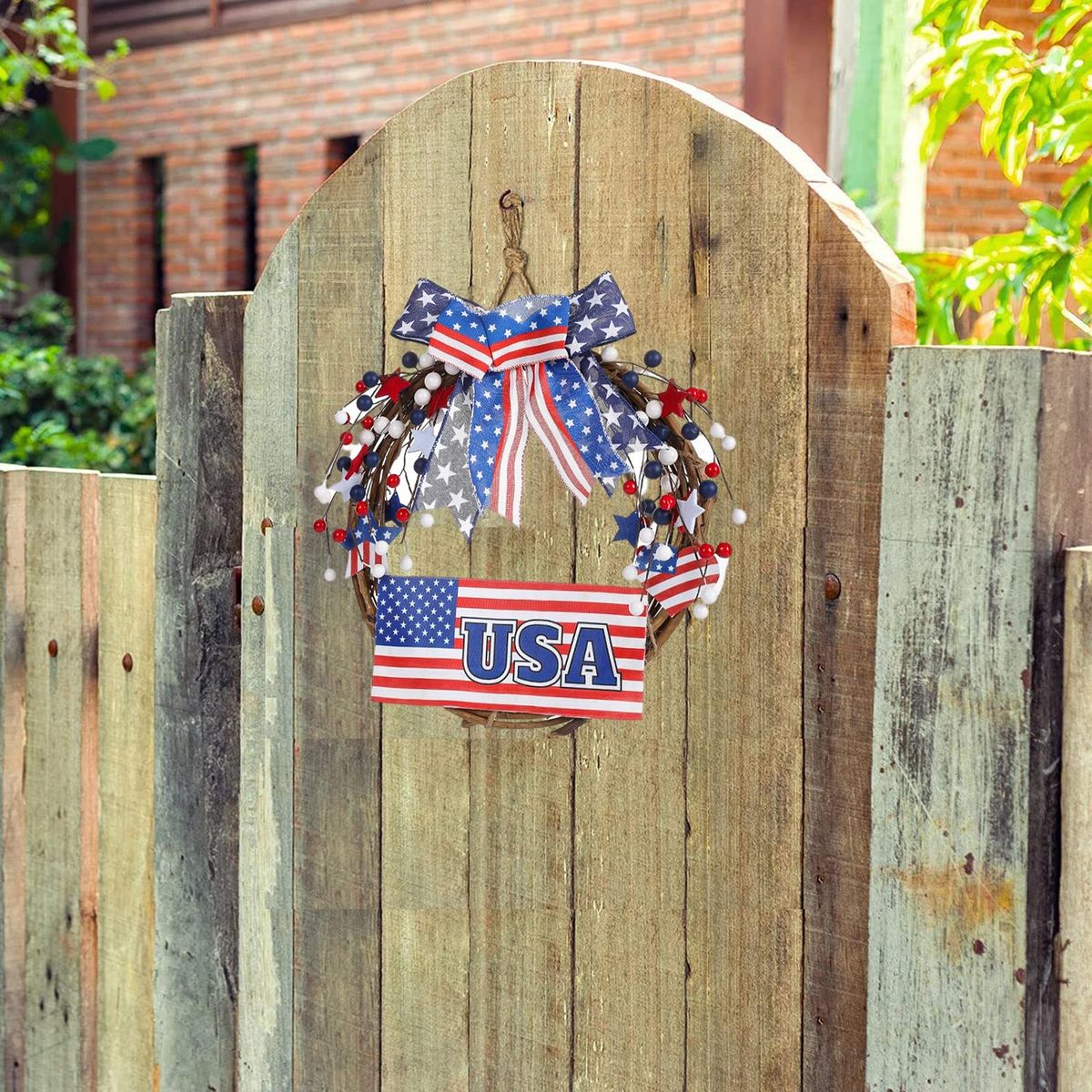 Door Hanging Wreath Independence Day Bow Rattan Loop Door Hanging Blue and Red