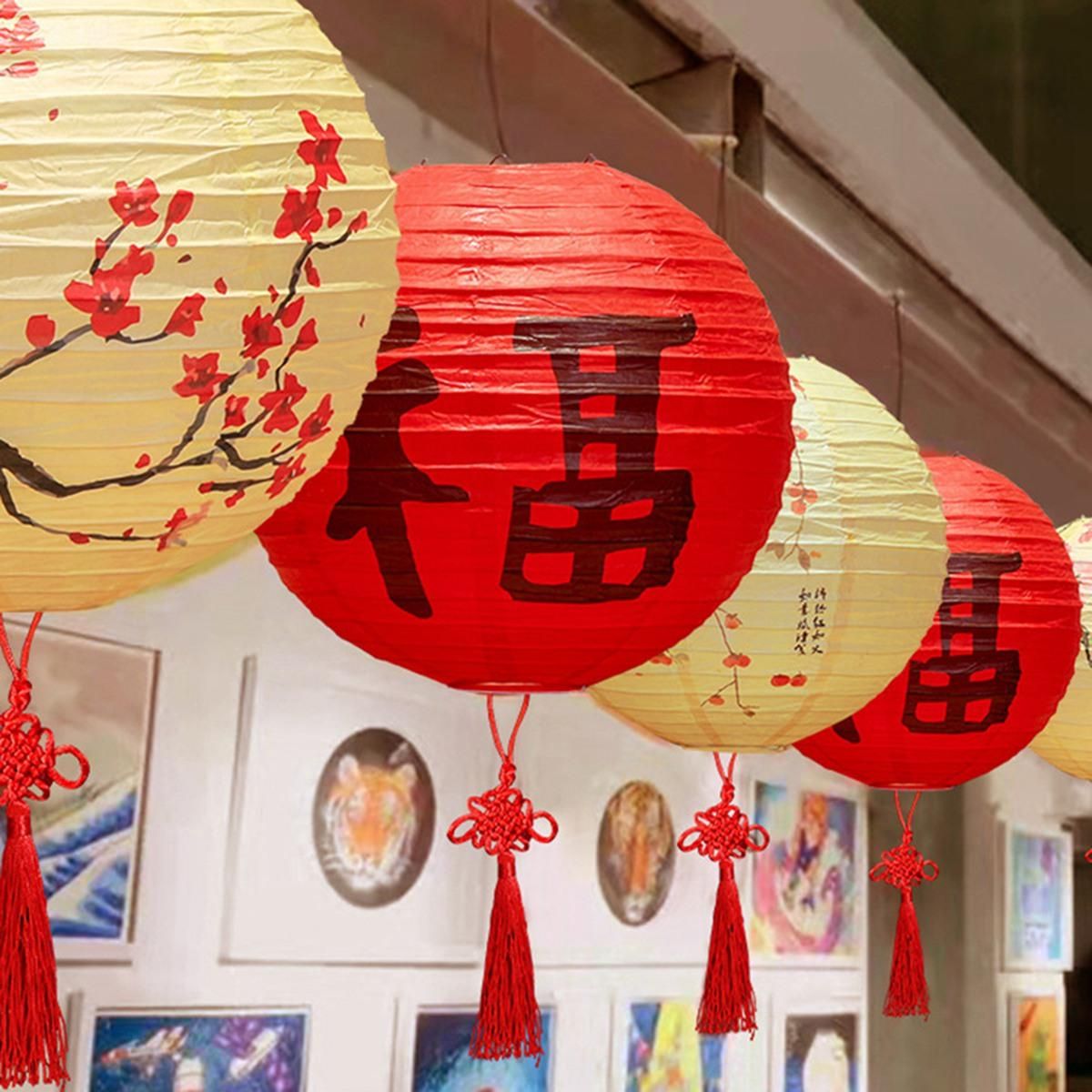6 Pcs Chinese Paper Lantern,12 Inch Chinese Oriental Style Decorative Party Round Paper Lanterns Plum Without Lamp
