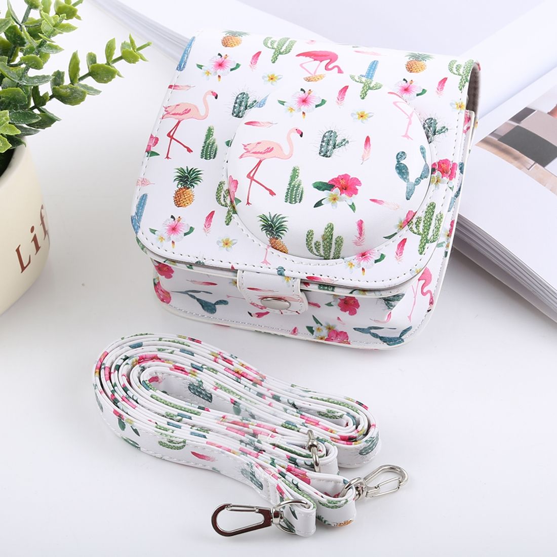 Cactus Flamingo Pattern Full Body Camera PU Leather Case Bag With Strap For FUJIFILM Instax Mini 9 / Mini 8+ / Mini 8