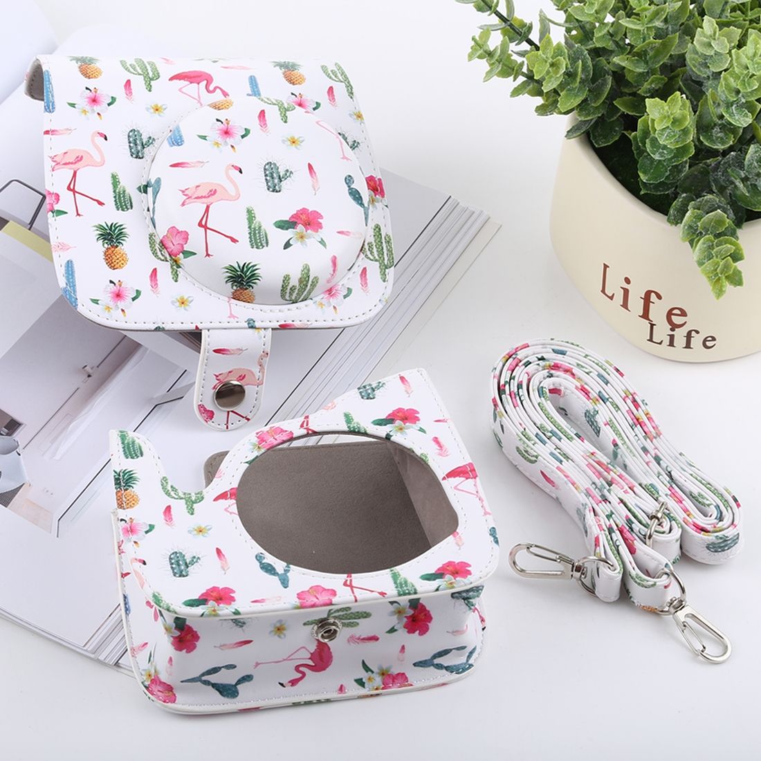Cactus Flamingo Pattern Full Body Camera PU Leather Case Bag With Strap For FUJIFILM Instax Mini 9 / Mini 8+ / Mini 8