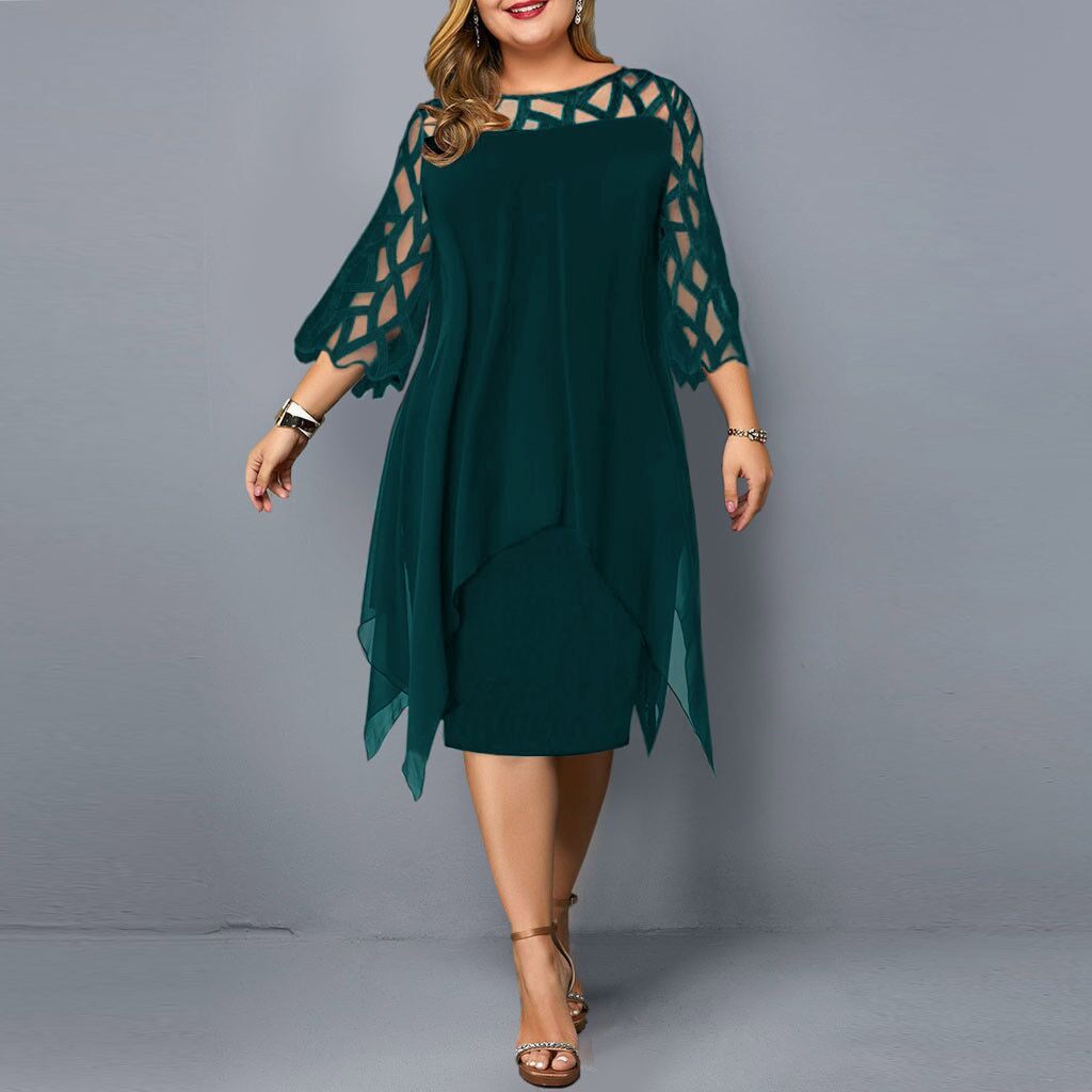 (Green)5XL Plus Size Party Dress  Elegant Lace Mesh  L-6XL White Red Purple Black Blue Green Loose Women's Colthing SAB