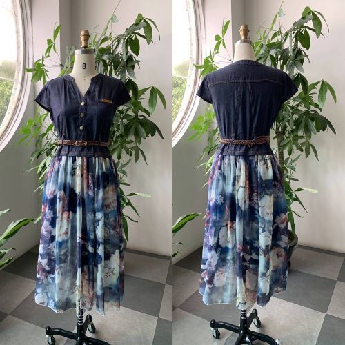 2021 Denim Dress Long Women's Casual Chiffon Patchwork Floral Print Summer New Female Maxi Dresses With Belt Japan Fashion Style