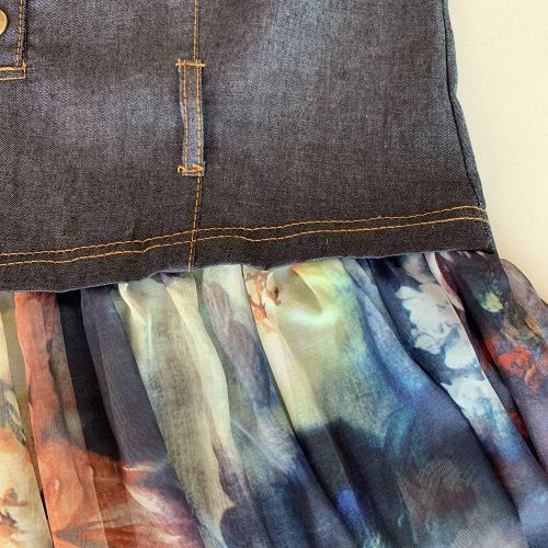 2021 Denim Dress Long Women's Casual Chiffon Patchwork Floral Print Summer New Female Maxi Dresses With Belt Japan Fashion Style