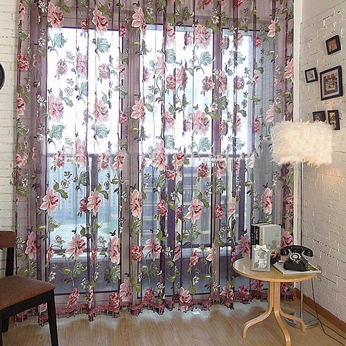 Newly Flower Curtain Panel Window Door Curtain Room Voile Drape Purple Pole