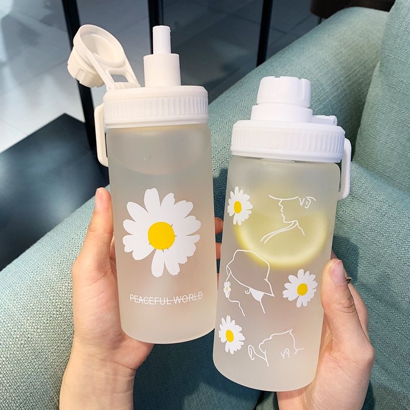 New 500m Cute Daisy Plastic Water Bottles With Straw Clear