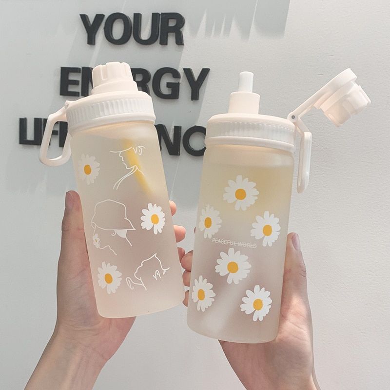 New 500m Cute Daisy Plastic Water Bottles With Straw Clear