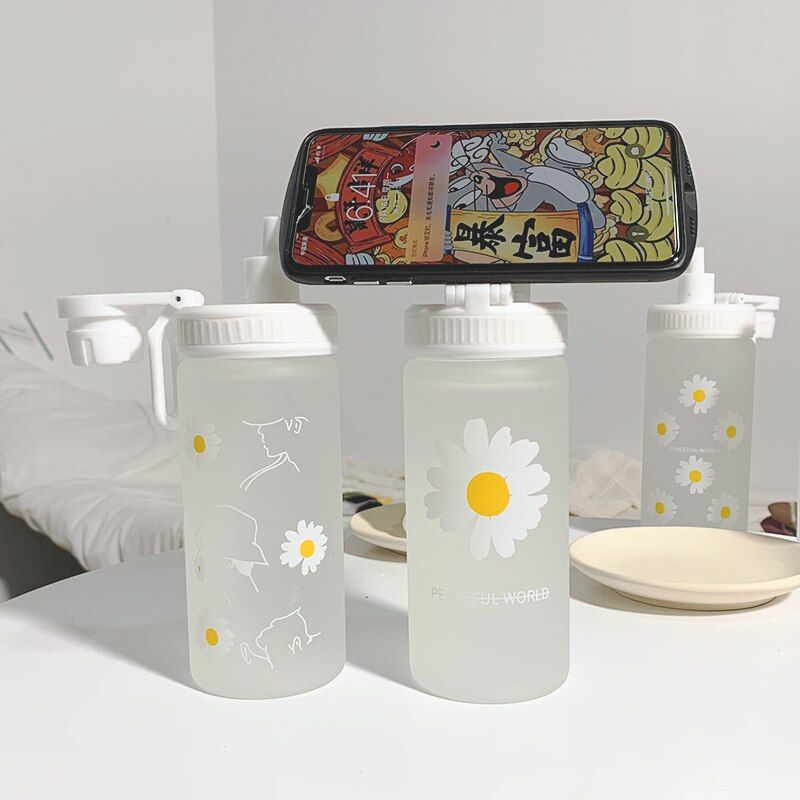 New 500m Cute Daisy Plastic Water Bottles With Straw Clear