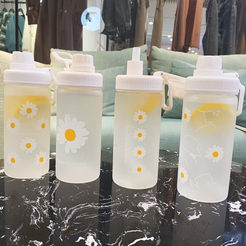 New 500m Cute Daisy Plastic Water Bottles With Straw Clear