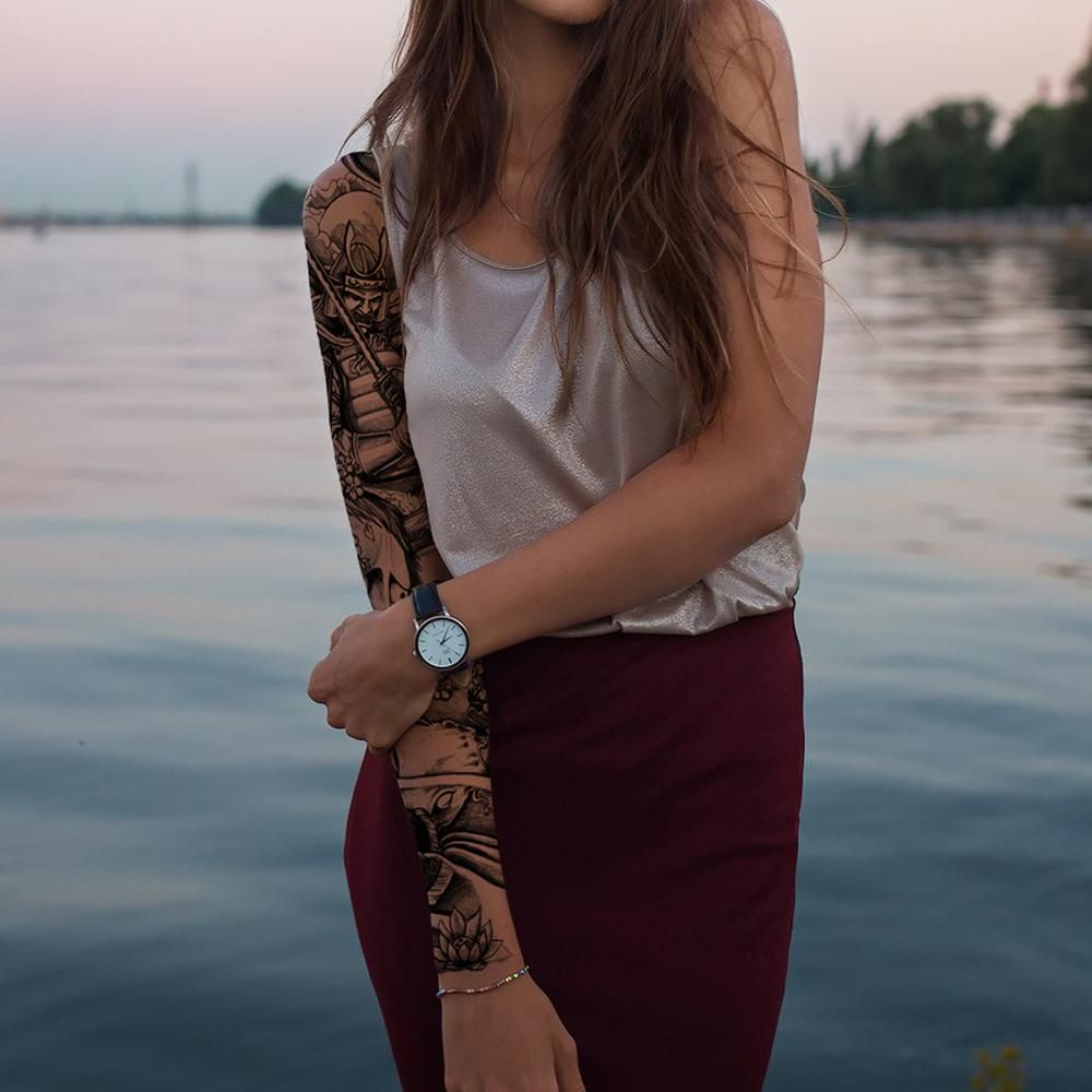 Woman Large Fake Full Arm Tattoo Stickers Rose Lion Wolf Fl