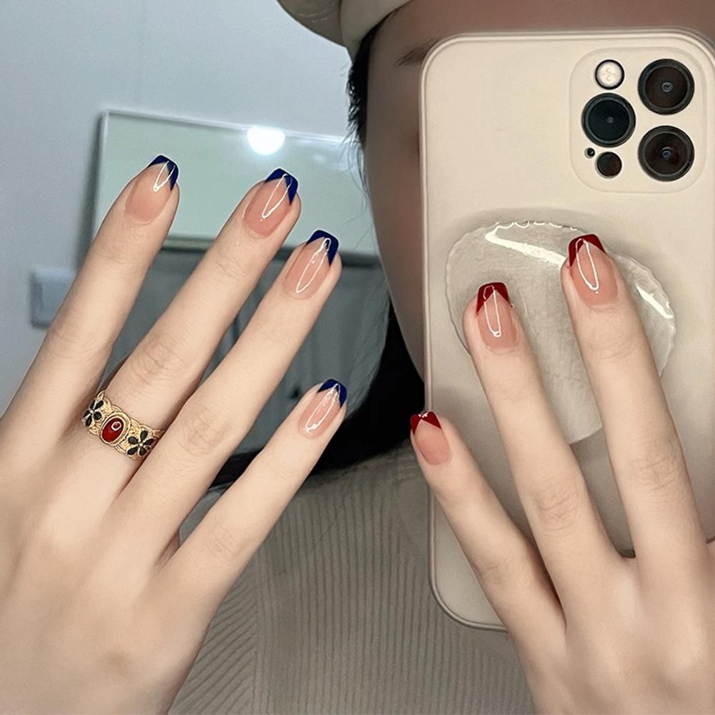 False Nails Short Blue Red French Style Full Cover Fake Nail
