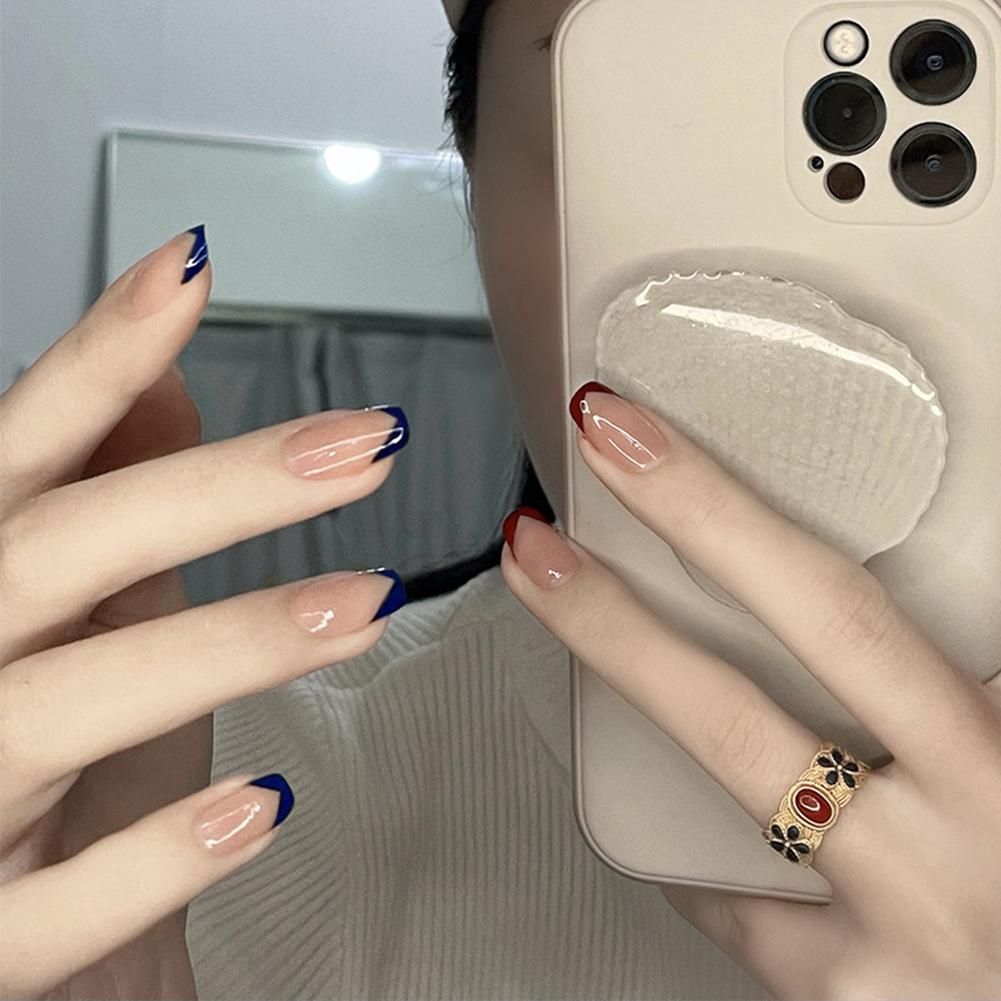 False Nails Short Blue Red French Style Full Cover Fake Nail