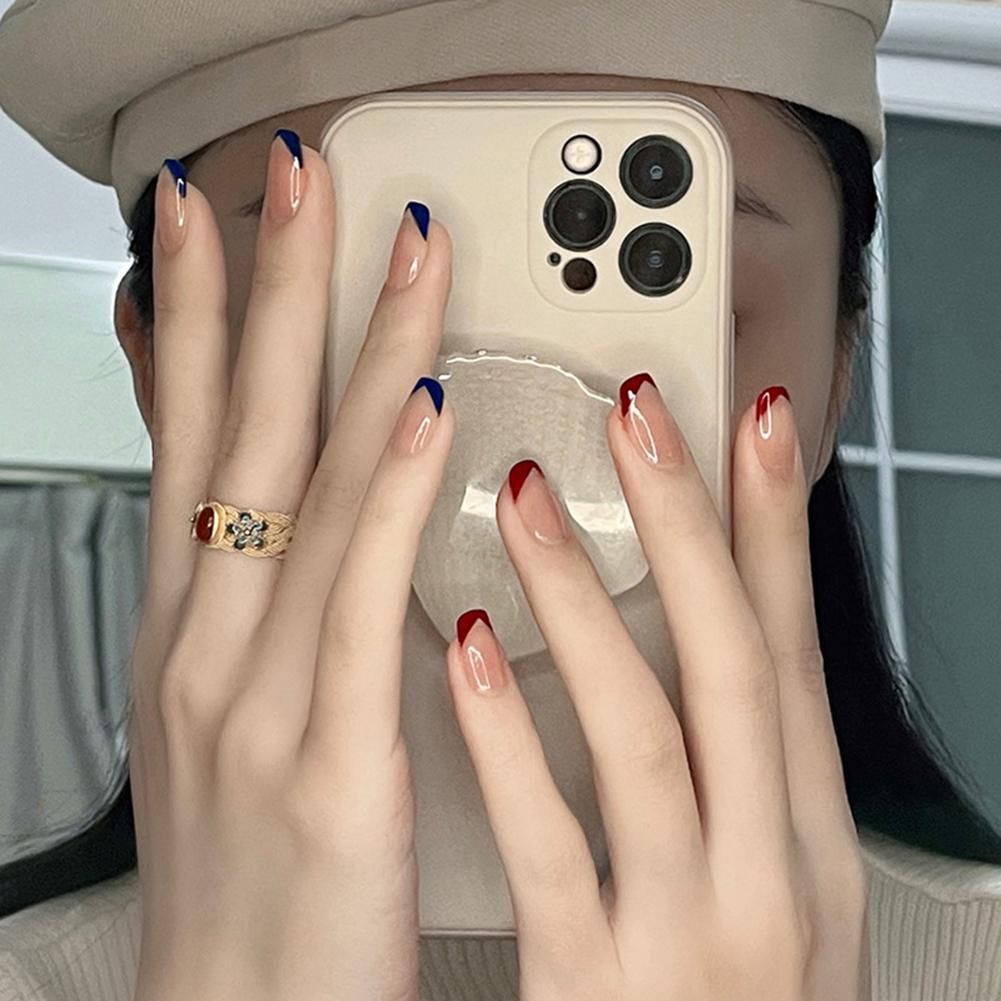 False Nails Short Blue Red French Style Full Cover Fake Nail