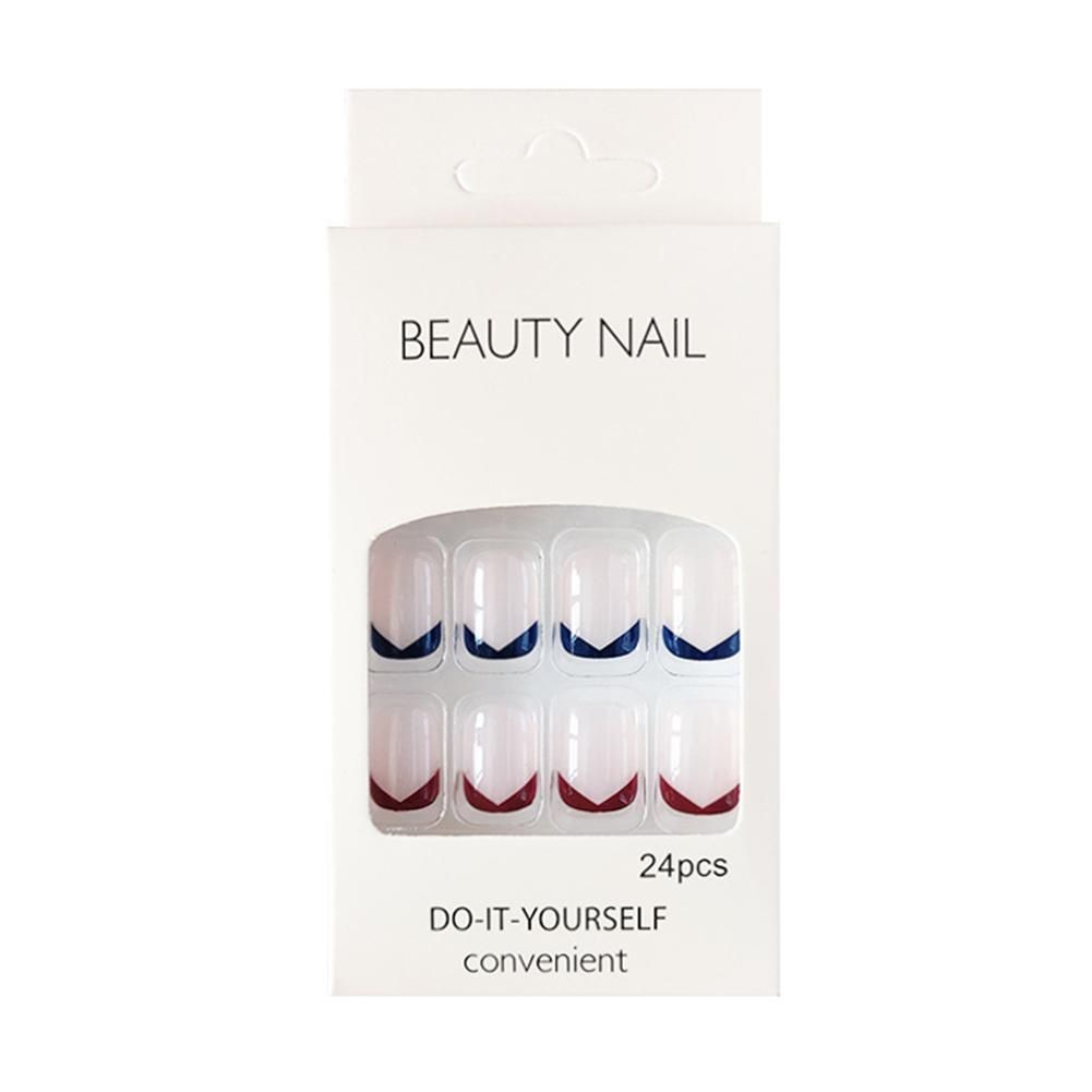 False Nails Short Blue Red French Style Full Cover Fake Nail