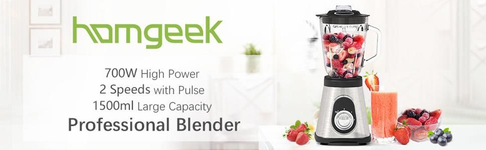 homgeek Smoothie Blender, 750W Countertop Blender with 2 Adjustable Speeds & Pulse Function, Kitchen Blender with 48oz Tritan Glass Pitcher for Shakes, Smoothies, Ice Crushing and Frozening Fruits