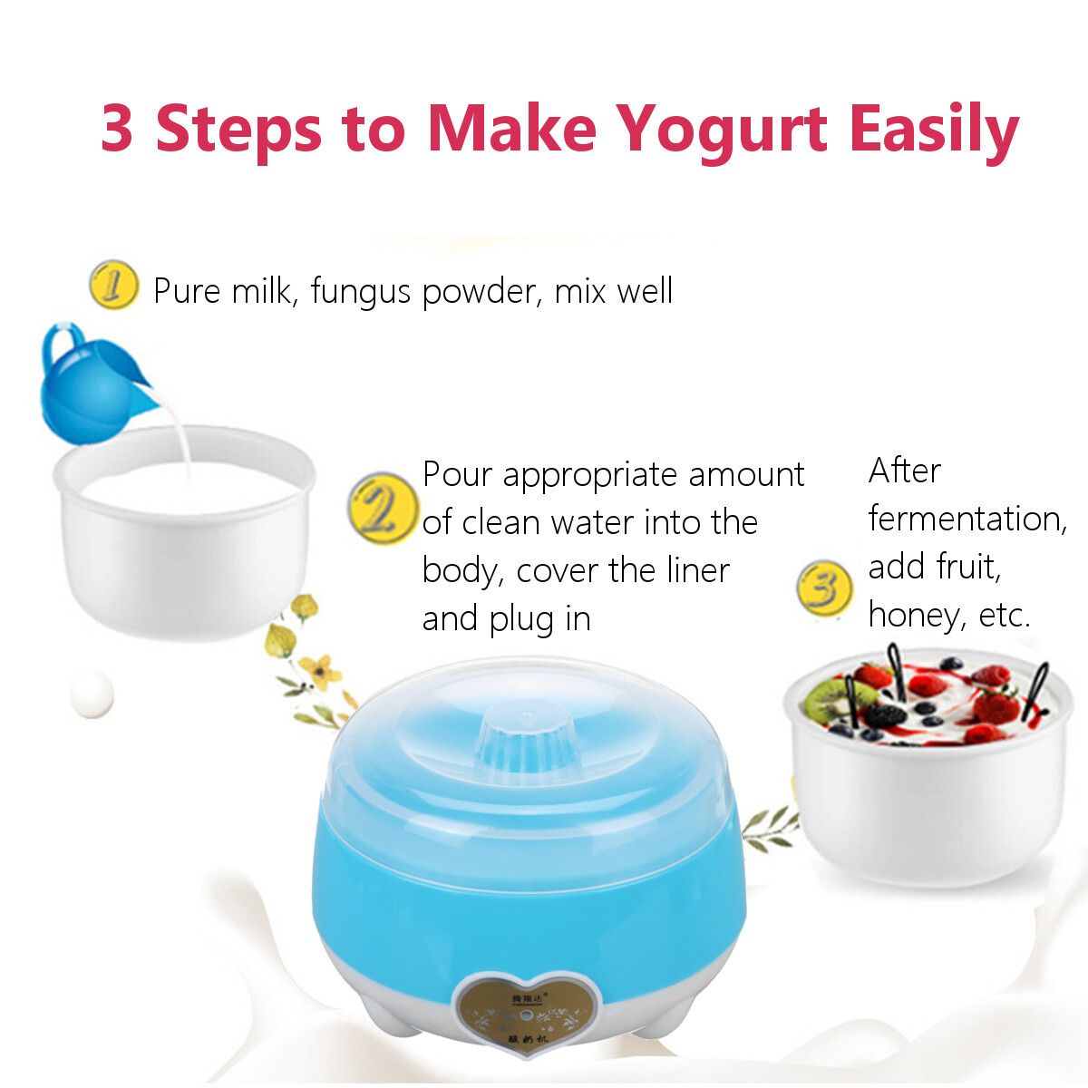 220V 1.0L Yogurt Machine Maker Household Fully Automatic Stainless Steel Small Yogurt Machine Kitchen Tools Stainless Steel Inner /Plastic Inner Blue (PP Plastic)