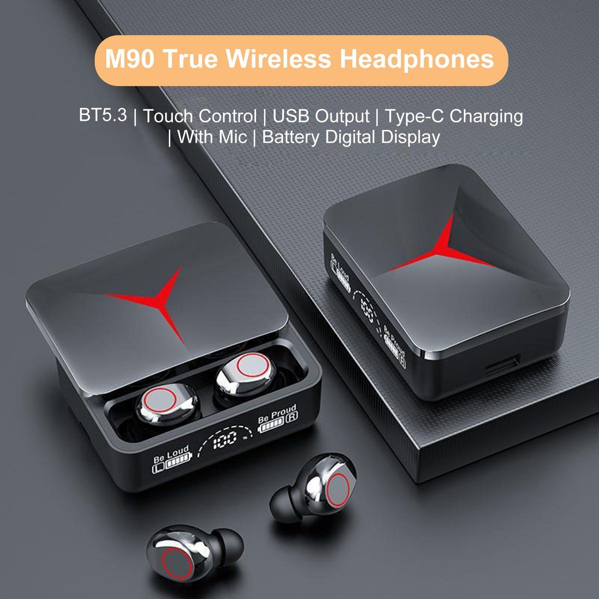 M90 True Wireless Headphones BT 5.3 Sport Headset Touch Control Music Earphones In-ear Mini Earbuds with Mic Charging Case Battery Digital Display USB Output