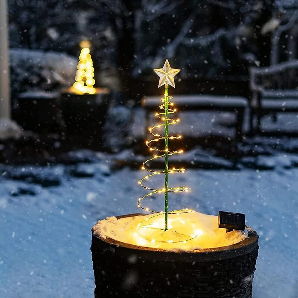 Christmas Tree Garden Decorative Lights Stars LED Solar Ground Light Solar Energy Lamp Coil Shape Sun Lamps, Warm White