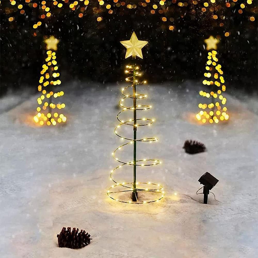 Christmas Tree Garden Decorative Lights Stars LED Solar Ground Light Solar Energy Lamp Coil Shape Sun Lamps, Warm White