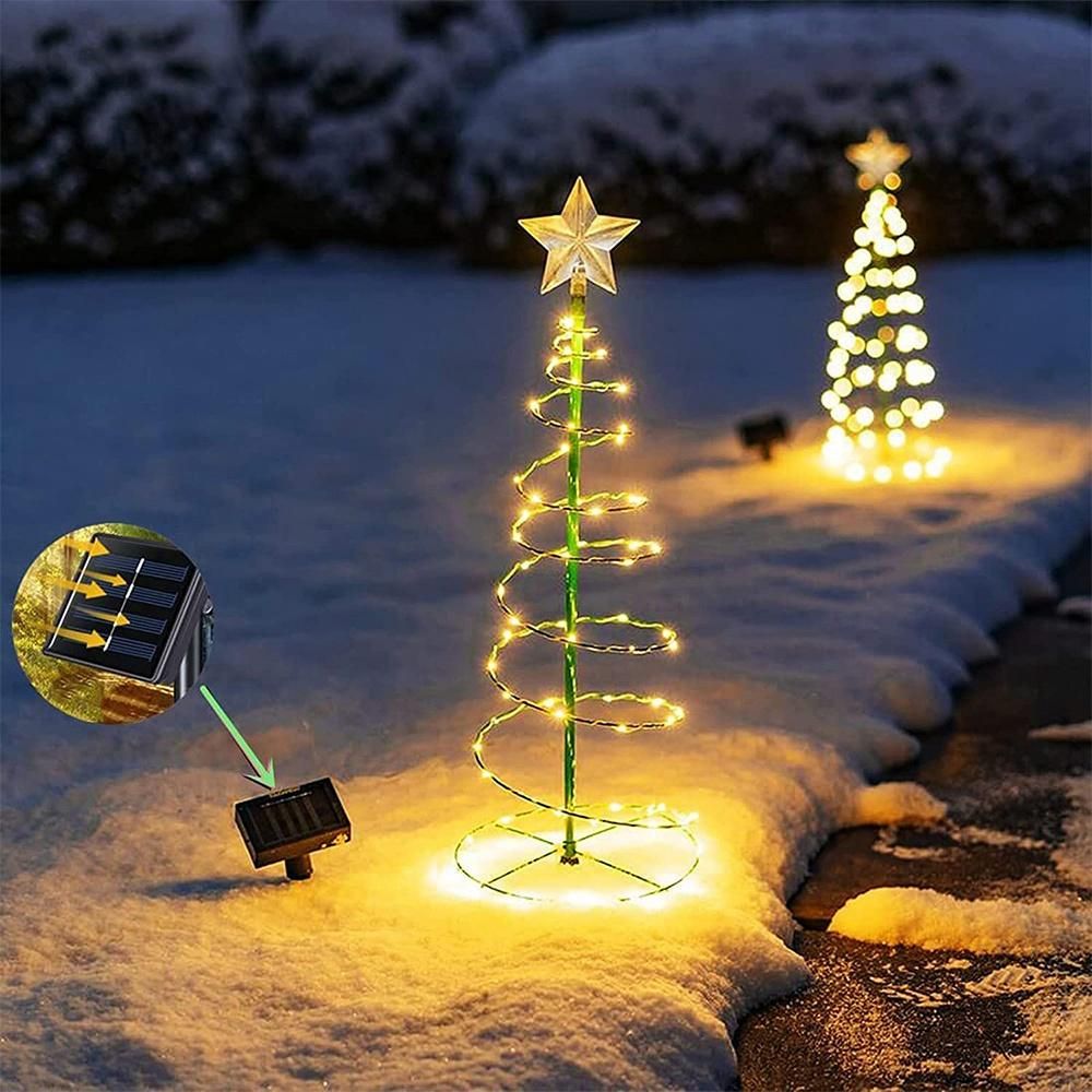 Christmas Tree Garden Decorative Lights Stars LED Solar Ground Light Solar Energy Lamp Coil Shape Sun Lamps, Warm White