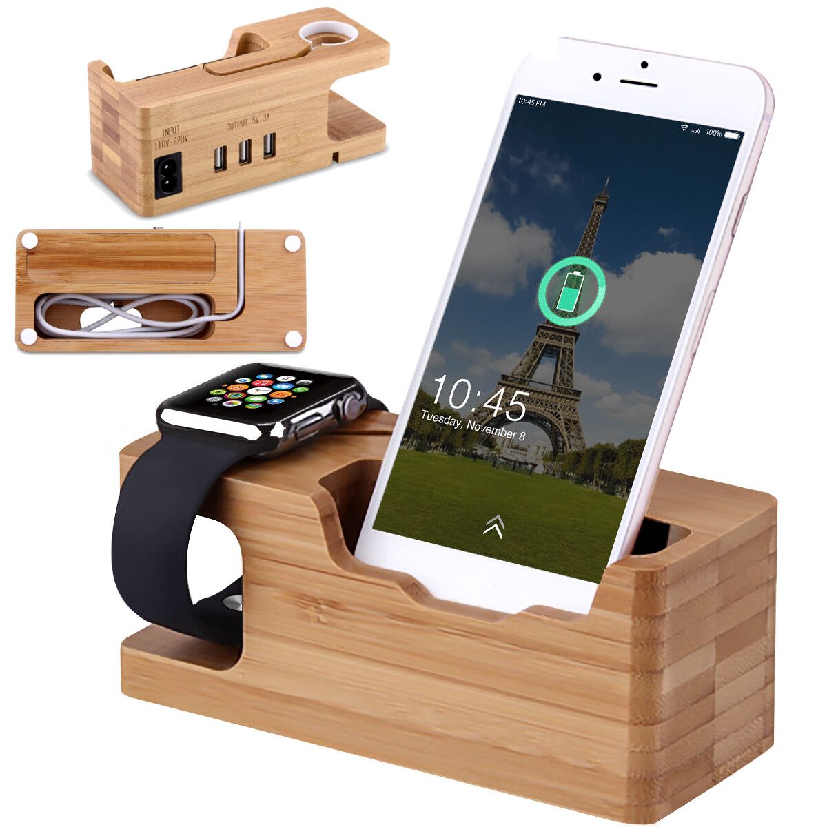 2 In 1 Natural Bamboo Charging Dock Station Phone Holder Bracket Smart Watch Cradle Stand For Smart Phone&Watch EU Plug