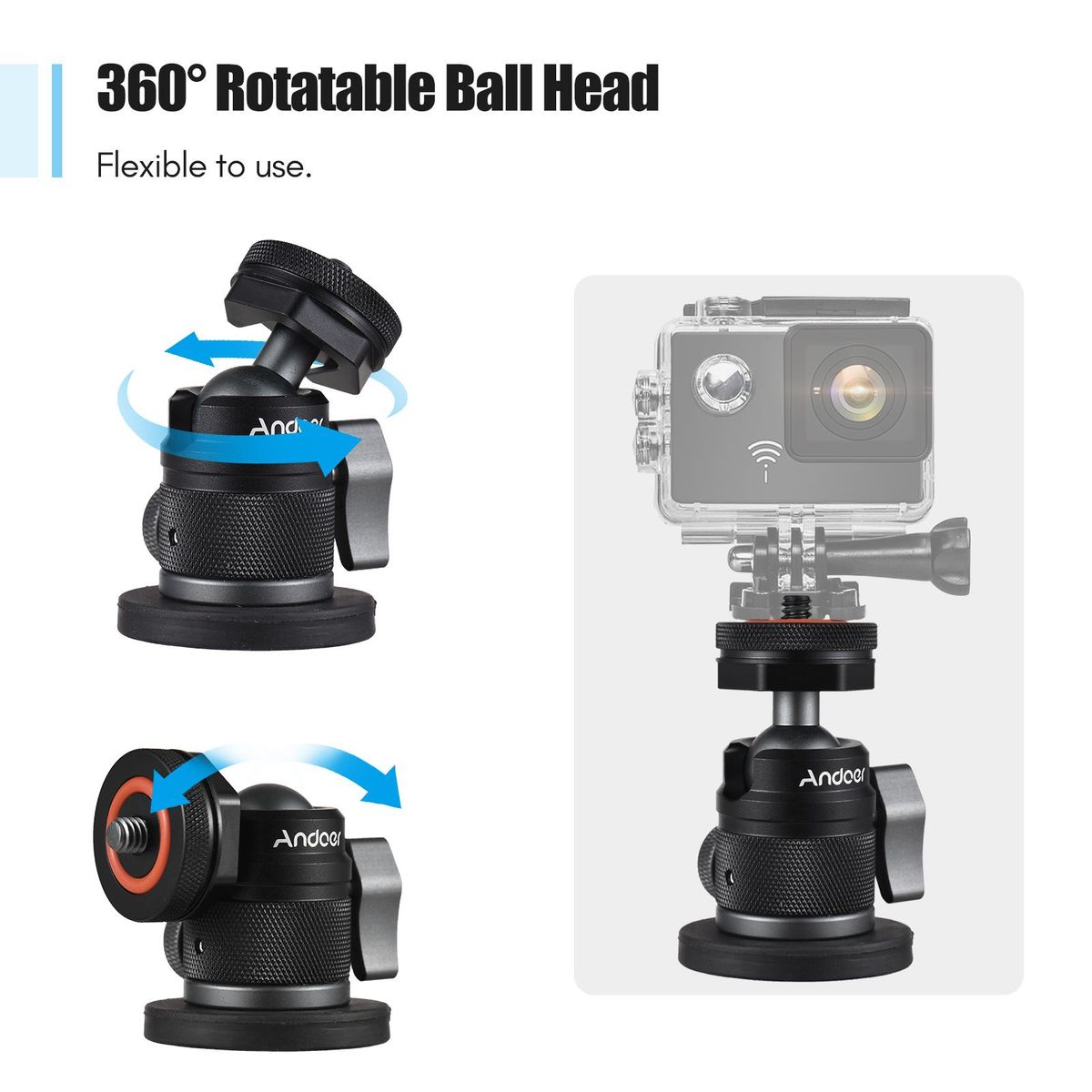 Andoer Mini Dual Use Ball Head Ballhead Adapter 1/4 Inch Screw & Cold Shoe Connection 360° Rotatable Aluminum Alloy with Large Magnetic Base 350g Load Capacity Replacement for Sports Camera Digital Camera Smartphone