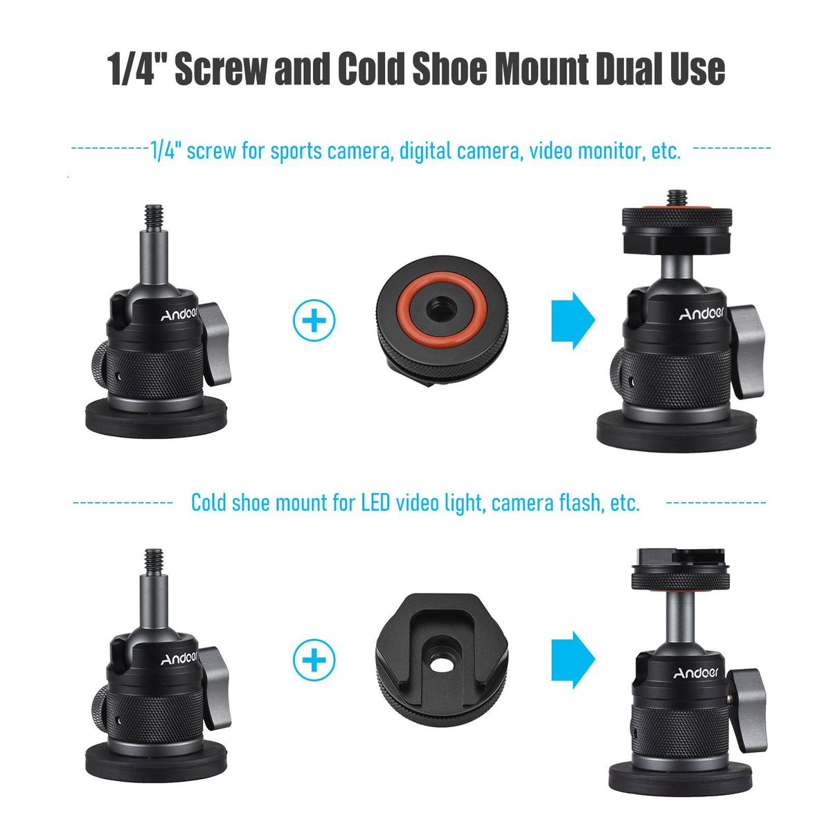 Andoer Mini Dual Use Ball Head Ballhead Adapter 1/4 Inch Screw & Cold Shoe Connection 360° Rotatable Aluminum Alloy with Large Magnetic Base 350g Load Capacity Replacement for Sports Camera Digital Camera Smartphone