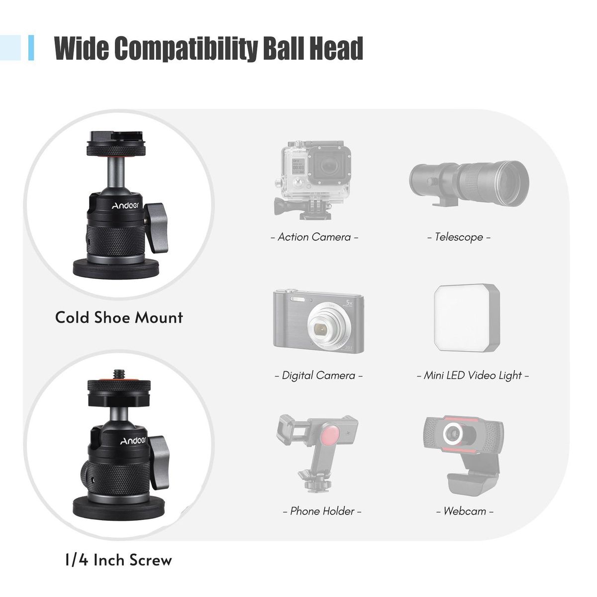 Andoer Mini Dual Use Ball Head Ballhead Adapter 1/4 Inch Screw & Cold Shoe Connection 360° Rotatable Aluminum Alloy with Large Magnetic Base 350g Load Capacity Replacement for Sports Camera Digital Camera Smartphone