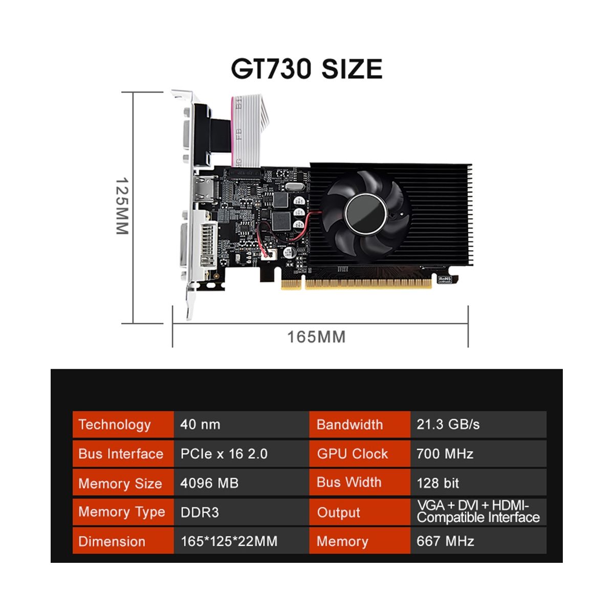 GT730 4G DDR3 128 Bit Graphics Card 700MHZ PCIE 2.0 16X VGA+DVI+ HDMI