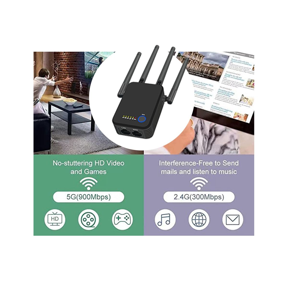 1200M WiFi Repeater 24G 5G Wireless WiFi Router Signal Booster Extender 4 Antenna Signal Amplifier US Plug