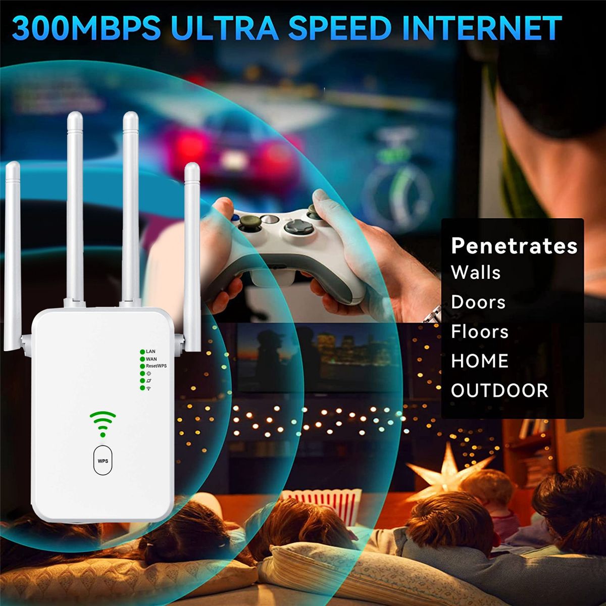 300M WiFi Repeater 24G Wireless Router Signal Booster Extender 4 Antenna Router Signal Amplifier EU Plug