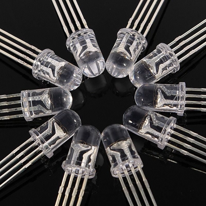 Price 10pcs 5mm RGB LED Common Cathode 4 Pin Tri Color Emitting Diodes Transparent