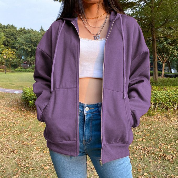 Casual Sweatshirt Zipper Outwear Loose Pocket Collar Sleeve Purple S