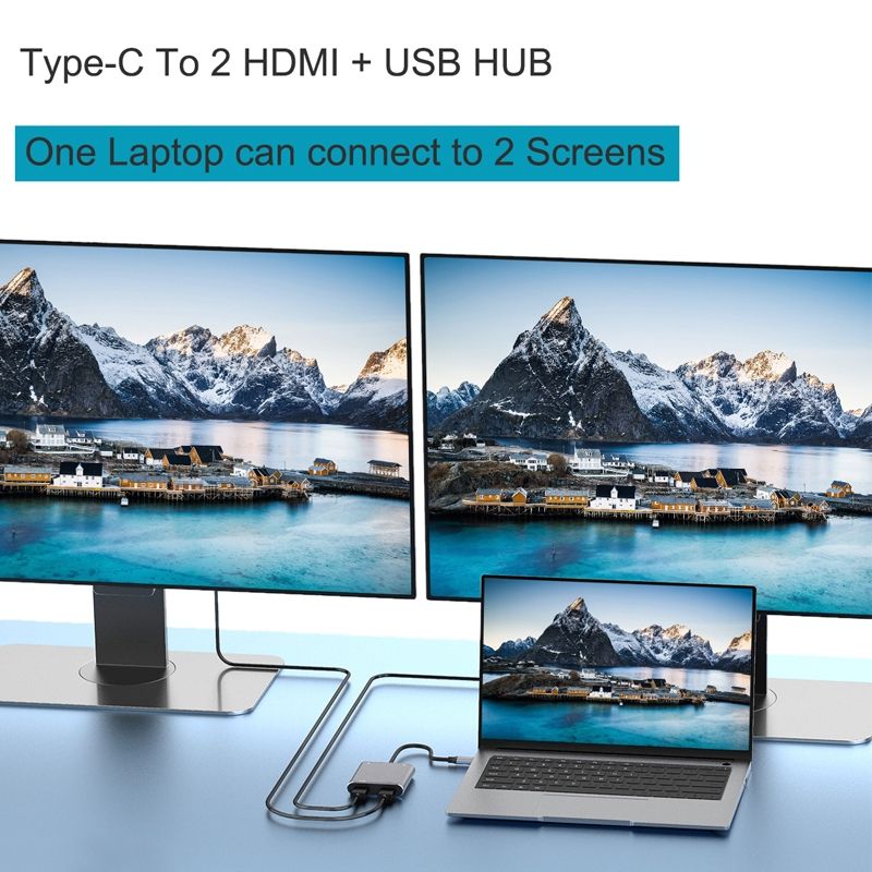 4 In 1 Type-C To Dual HDMI + USB + Type-C HUB Adapter